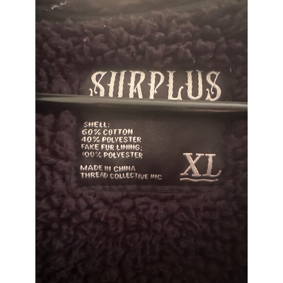 Surplus Mens XL Hooded Jacket Cotton/Polyester Blend Black/Grey Sherpa Lined Ful - Picture 3 of 6